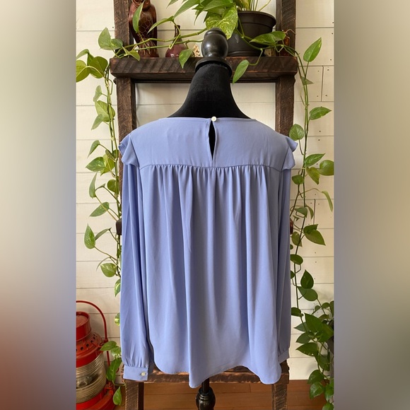 Loft: Blue Blouse with Ruffle Trim and  Embroidered Cutout - Picture 6 of 17